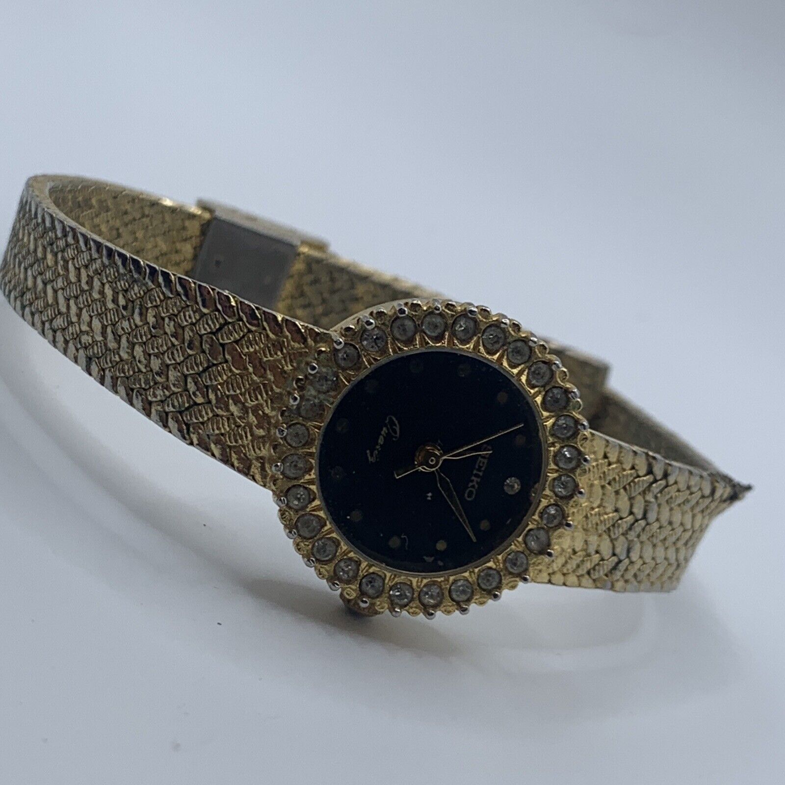 Seiko Single Diamond Black Dial Gold Tone Ladies Quartz Watch A43